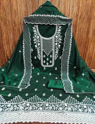 dark green chanderi cotton embroidered unstitched dress material 2