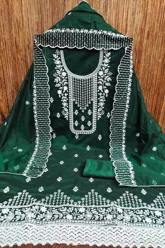 dark green chanderi cotton embroidered unstitched dress material