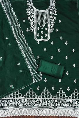 dark green chanderi cotton embroidered unstitched dress material 3