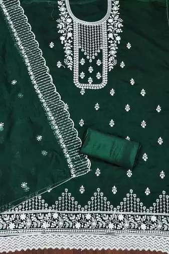 dark green chanderi cotton embroidered unstitched dress material