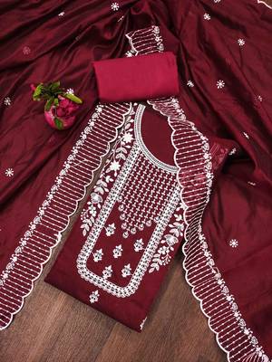 maroon chanderi cotton embroidered unstitched dress material 1