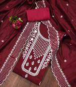 maroon chanderi cotton embroidered unstitched dress material