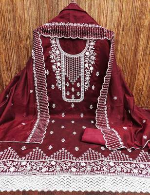 maroon chanderi cotton embroidered unstitched dress material 2