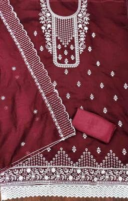 maroon chanderi cotton embroidered unstitched dress material 3