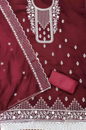 maroon chanderi cotton embroidered unstitched dress material