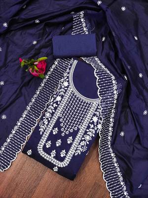 navy blue chanderi cotton embroidered unstitched dress material 1