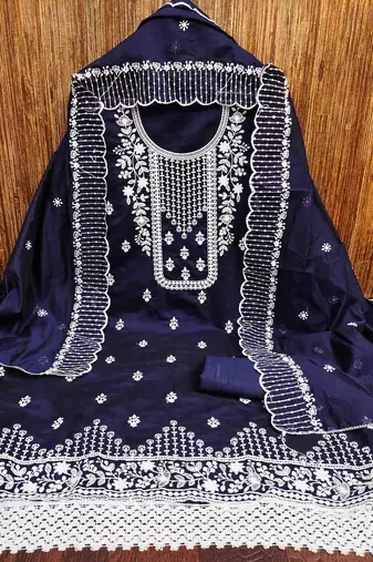 navy blue chanderi cotton embroidered unstitched dress material