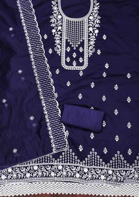 navy blue chanderi cotton embroidered unstitched dress material 3