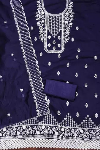 navy blue chanderi cotton embroidered unstitched dress material