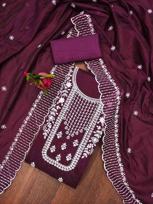 wine chanderi cotton embroidered unstitched dress material 1