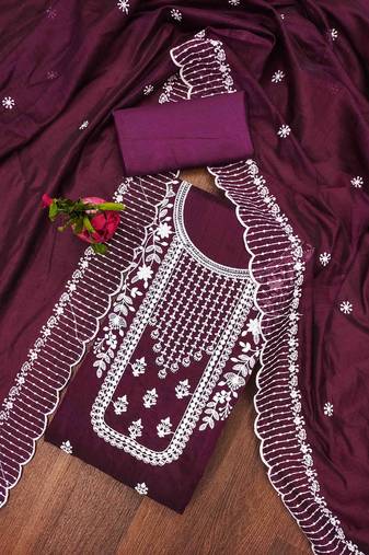 wine chanderi cotton embroidered unstitched dress material