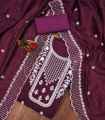 wine chanderi cotton embroidered unstitched dress material