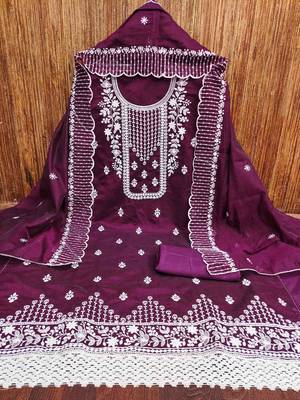 wine chanderi cotton embroidered unstitched dress material 2