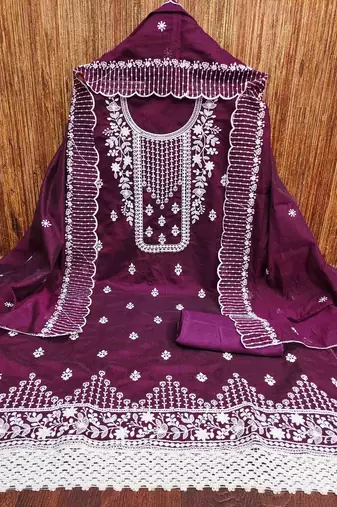 wine chanderi cotton embroidered unstitched dress material