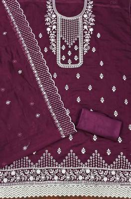 wine chanderi cotton embroidered unstitched dress material 3