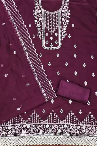 wine chanderi cotton embroidered unstitched dress material