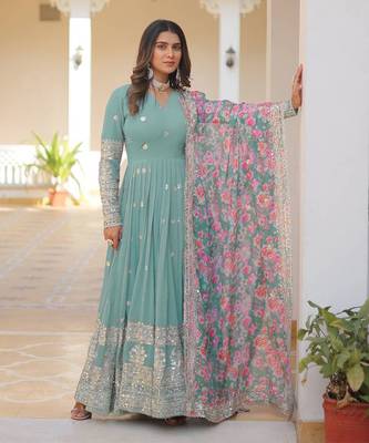 Sea Green Georgette Embroidered Long Kurti Set with Multicolour Dupatta 1