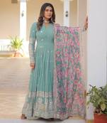 Sea Green Georgette Embroidered Long Kurti Set with Multicolour Dupatta