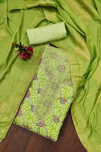 parrot green organza handwork unstitched dress material