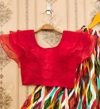 Vibrant ikat print lehenga set with ruffle blouse 3