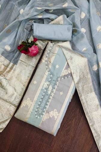 blue jacquard handwork unstitched dress material
