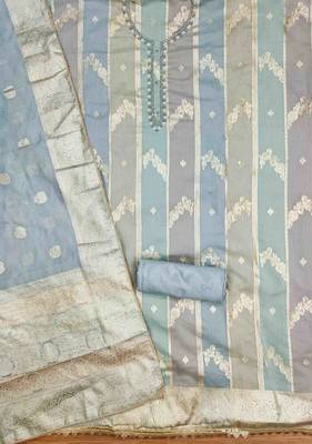 blue jacquard handwork unstitched dress material 3