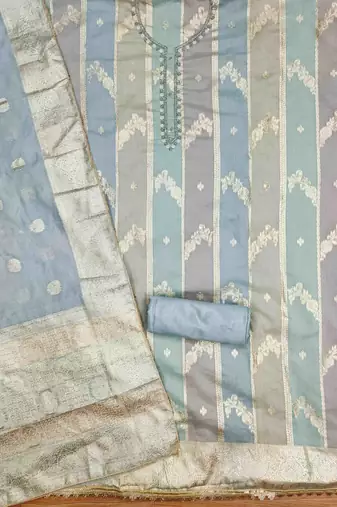 blue jacquard handwork unstitched dress material
