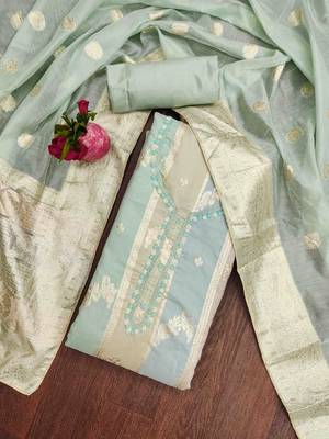 mint jacquard handwork unstitched dress material 1