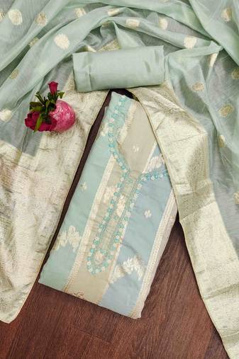 mint jacquard handwork unstitched dress material