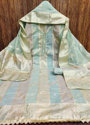 mint jacquard handwork unstitched dress material 2