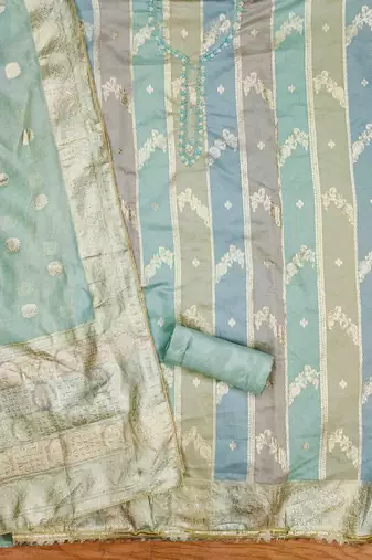 mint jacquard handwork unstitched dress material
