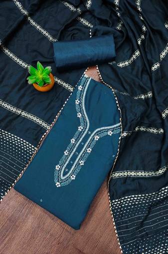 teal cotton handwork unstitched dress material