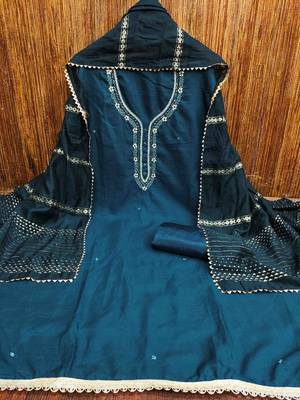 teal cotton handwork unstitched dress material 2