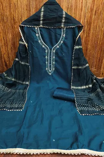 teal cotton handwork unstitched dress material