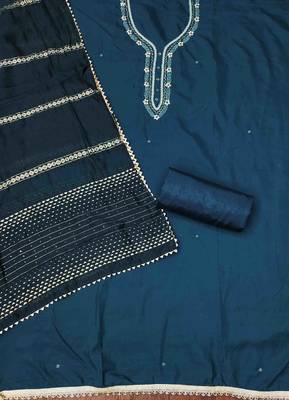teal cotton handwork unstitched dress material 3