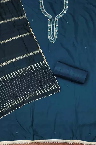 teal cotton handwork unstitched dress material