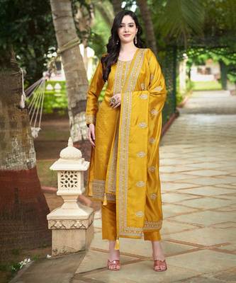 Yellow Silk Cotton Salwar Suit with Silk Embroidered Dupatta Kurta set of 3 pieces 1