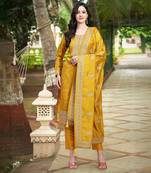 Yellow Silk Cotton Salwar Suit with Silk Embroidered Dupatta Kurta set of 3 pieces