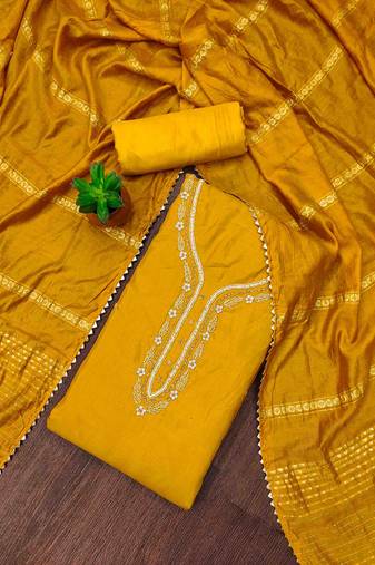 yellow cotton handwork unstitched dress material