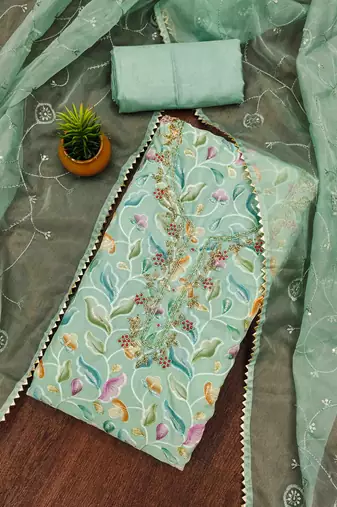 mint organza handwork unstitched dress material