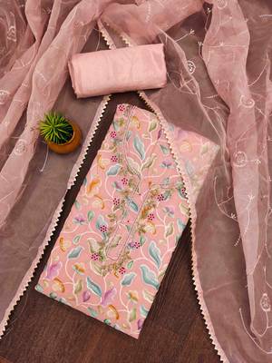 peach organza handwork unstitched dress material 1