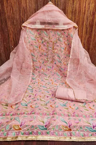 peach organza handwork unstitched dress material