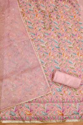 peach organza handwork unstitched dress material 3
