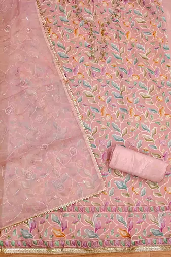 peach organza handwork unstitched dress material