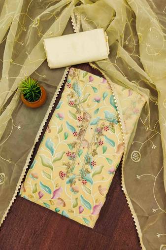 yellow organza handwork unstitched dress material