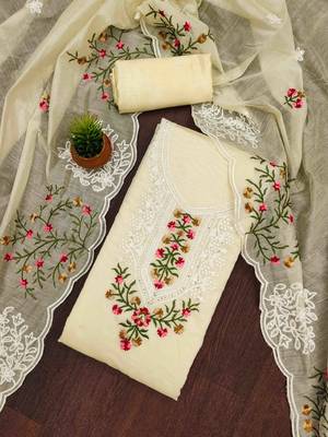 cream chanderi cotton embroidered unstitched dress material 1