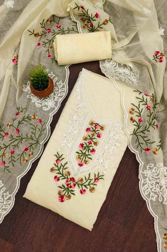 cream chanderi cotton embroidered unstitched dress material