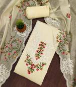 cream chanderi cotton embroidered unstitched dress material