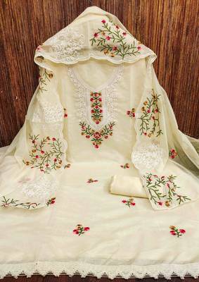 cream chanderi cotton embroidered unstitched dress material 2