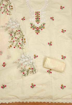 cream chanderi cotton embroidered unstitched dress material 3
